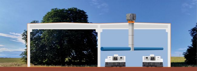 Porovnanie hál s rôznymi prístupmi k znižovaniu vnútornej teploty. Ľavá strana by bola príjemnejším miestom na strávenie dovolenky. Pravá strana je vhodnejšia na organizáciu priemyselnej výroby.