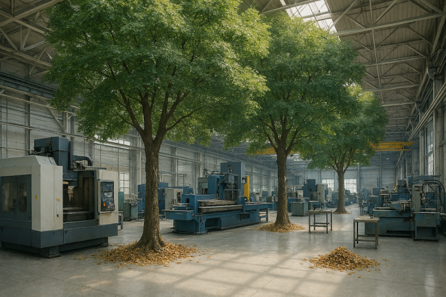 Zelená farba nad hlavou, šušťanie lístia a spev vtákov by mohli vytvoriť príjemné pracovné prostredie v hale.