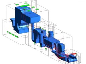 Ukážka výstupu zo simulácie pomocou CFD metódy – model budovy elektrárne a rozloženie teplôt